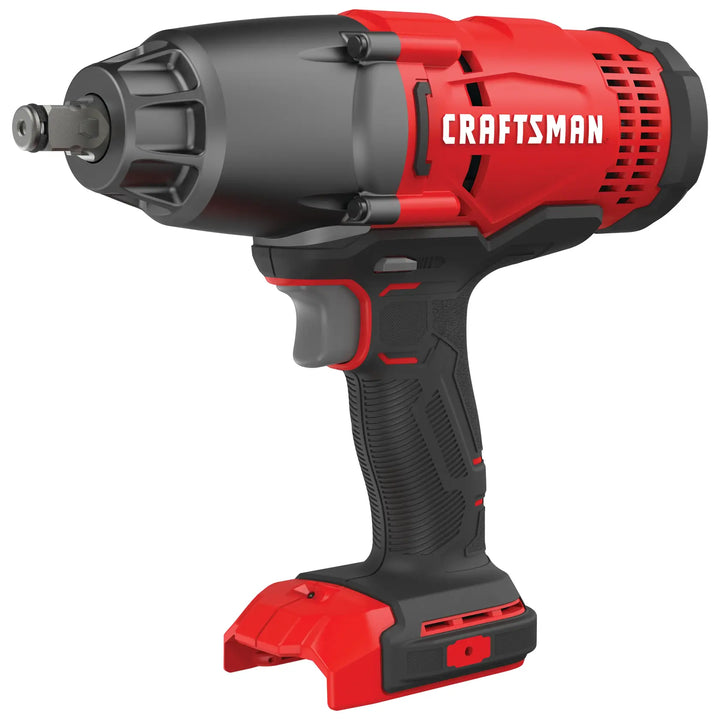 Photo of CRAFTSMAN cordless impact wrench, red and black, angled view, SKU CMCF900B.