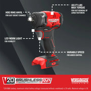 Photo of CRAFTSMAN cordless impact wrench, red and black, with LED, hog ring anvil, SKU CMCF911B, front angle.