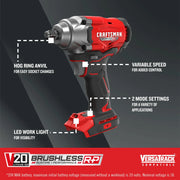 Photo of Craftsman cordless impact wrench CMCF921B, red and black, side angle, showing hog ring anvil and LED work light.