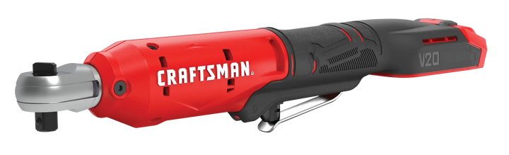Photo of Craftsman cordless ratchet, red and black, model CMCF930B, side angle on white background.