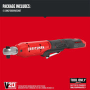 Craftsman cordless ratchet tool CMCF930B, side view, red and black handle, package graphic.