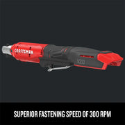 Photo of Craftsman V20 cordless ratchet, SKU CMCF930B, red and black, left side angle, 300 RPM speed highlighted.