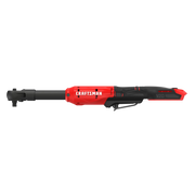 A red and black Craftsman V20 cordless ratchet wrench tool is shown against a white background.