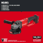 Photo of Craftsman V20 cordless angle grinder with handle, CMCG400B SKU, red and black color, side angle.
