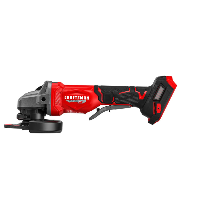 Craftsman cordless angle grinder CMCG452B, red and black, side view on white background.