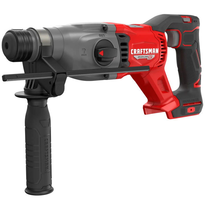 Photo of Craftsman rotary hammer drill CMCH234B, red and black, side angle on white background.