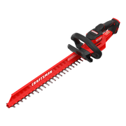 Photo of Craftsman CMCHT830B cordless hedge trimmer, red and black, angled view on white background.