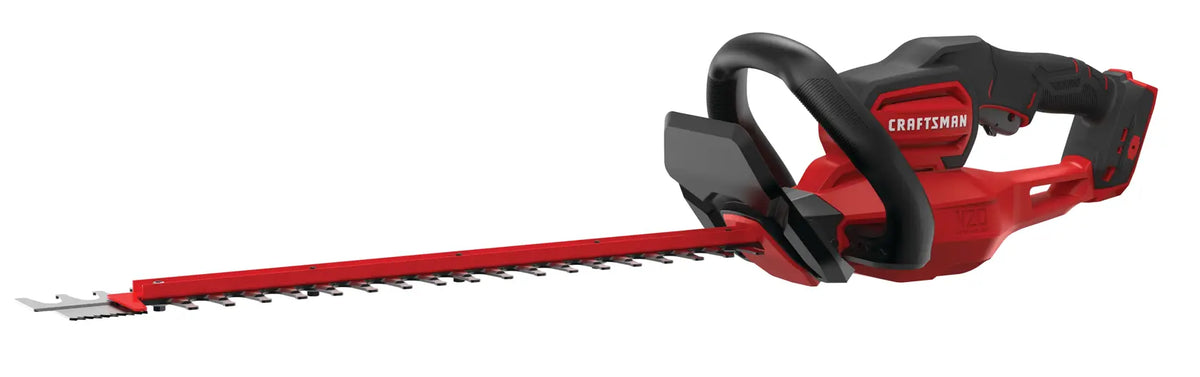 Photo of Craftsman hedge trimmer CMCHTS820B, red and black, side angle on white background.