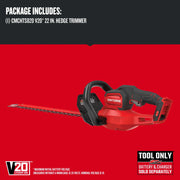 Photo of Craftsman CMCHTS820B red and black 22-inch V20 cordless hedge trimmer, side angle, on solid red background.