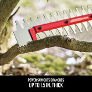 Close-up photo of CRAFTSMAN hedge trimmer CMCHTS820B cutting a tree branch, silver and red blade visible.