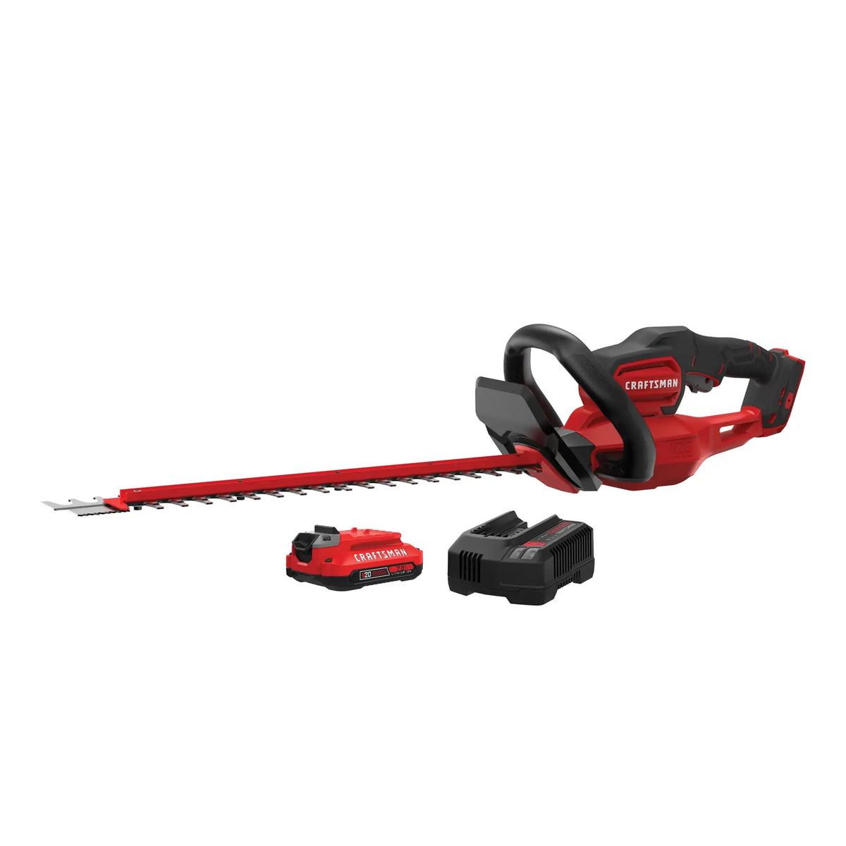 Photo of Craftsman CMCHTS820D1 cordless hedge trimmer kit with red and black trimmer, battery, and charger on white background.