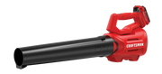 Photo of Craftsman cordless leaf blower CMCK197D1, red and black, side angle on white background.
