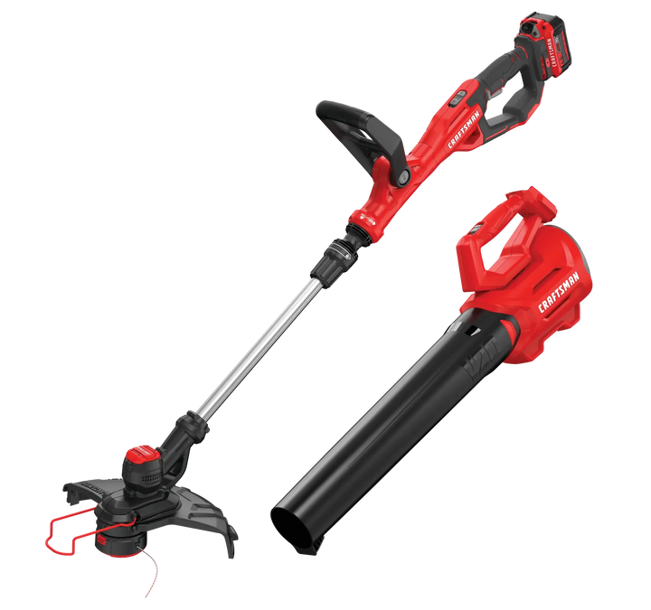Photo of CRAFTSMAN CMCK197M1 cordless string trimmer and blower combo, red and black tools on white background.