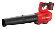 Photo of Craftsman cordless leaf blower CMCK397M1, red and black, side angle, brushless motor visible.