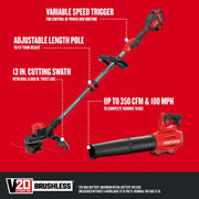 Photo of Craftsman brushless combo kit CMCK397M1 with string trimmer and blower, red and black, product graphics.