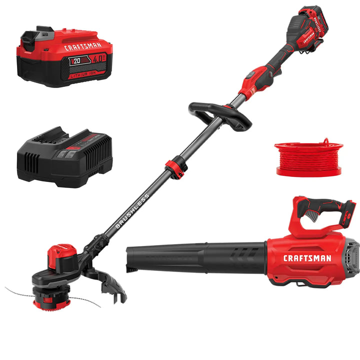 CRAFTSMAN CMCK397M1 cordless combo kit with red and black string trimmer, blower, battery, charger, and line spool, front angle.