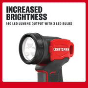 A CRAFTSMAN branded handheld LED flashlight is shown with three LED bulbs, featuring a red and black design. The image highlights increased brightness with 140 LED lumens output from the three LED bulbs.