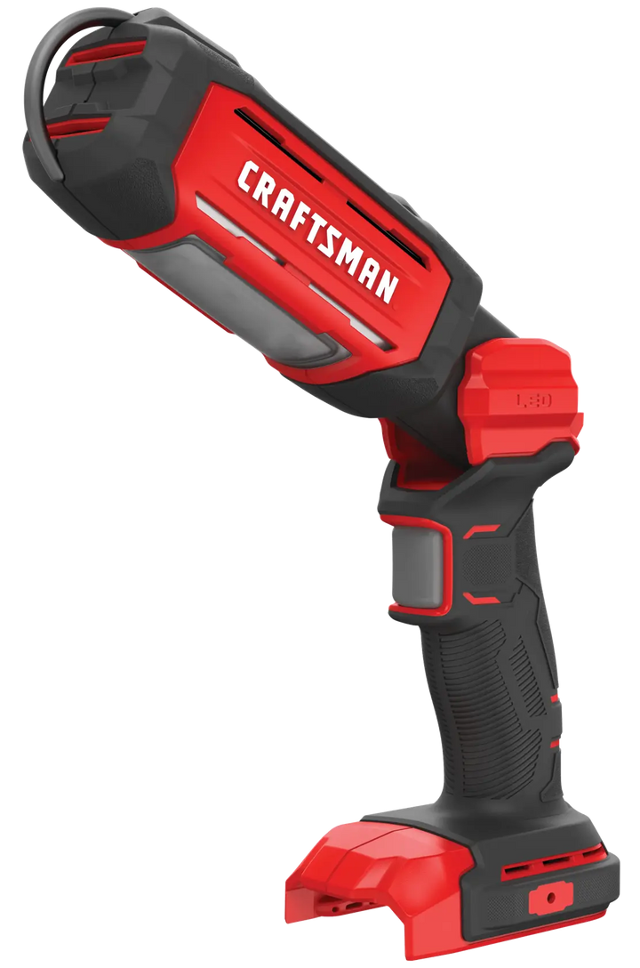 Photo of Craftsman LED work light CMCL050B, cordless, red and black, side angle on white background.