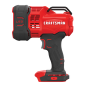 Photo of Craftsman LED handheld spotlight CMCL060B, red and black, side angle on white background.