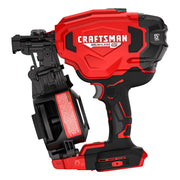 A close-up image of a Craftsman-branded brushless roofing nail gun. The tool features a red and black design, a contoured grip handle, and a visible magazine for holding roofing nails. Various product labels and specifications are displayed on the tool.