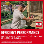 Photo of person using Craftsman cordless nailer CMCN150B on outdoor wooden deck, deck construction tools and wood visible.