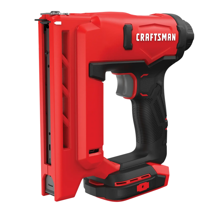 Craftsman red cordless stapler, side angle, CMCN410B, with black grip and trigger on white background.