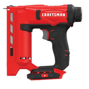 Craftsman red and black cordless nailer side view, ergonomic handle, SKU CMCN410B, on white background.