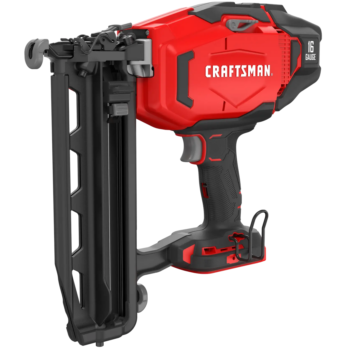 Photo of CRAFTSMAN CMCN616B 16-gauge cordless finish nailer, side angle on white background.