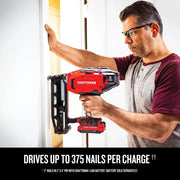 Photo of Craftsman cordless nailer CMCN616B in use, red and black, 16 gauge, driving nails into trim.