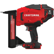 Photo of Craftsman cordless 18 gauge brad nailer, model CMCN618NB, side view on white background.