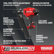 Photo of Craftsman cordless framing nailer with SKU CMCN621PLB, red and black, side angle, showing features.