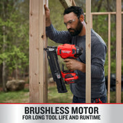 Photo of Craftsman cordless framing nailer CMCN621PLB used on wood framing outdoors.