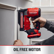 Photo of Craftsman cordless nailer CMCN623B used on trim, red and black design, oil-free motor feature.