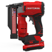 Photo of CRAFTSMAN CMCN623C1 cordless red and black nailer, side view on white background.