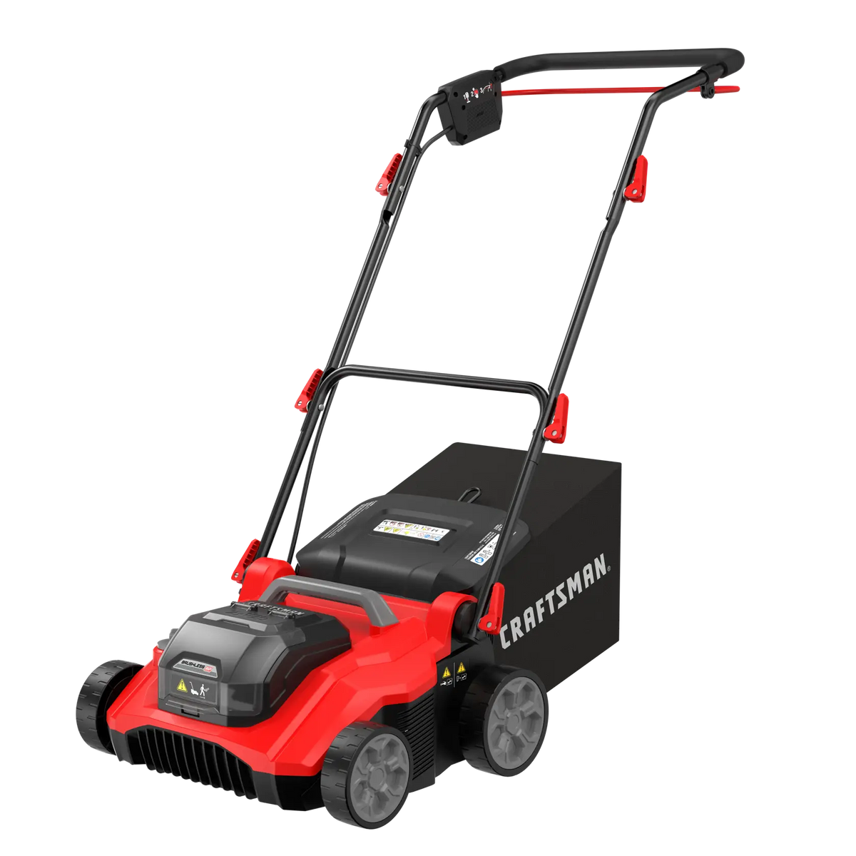 Photo of Craftsman walk-behind lawn mower CMCOE210B, red and black, side angle on white background.