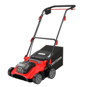 Photo of Craftsman walk-behind lawn mower CMCOE210B, red and black, side angle on white background.