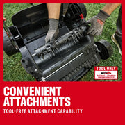 Craftsman lawn tool CMCOE210B with tool-free attachment being installed, shown on grass, closeup view.