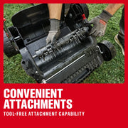 Craftsman lawn tool attachment being installed without tools, hands wearing gloves, model CMCOE210P2.