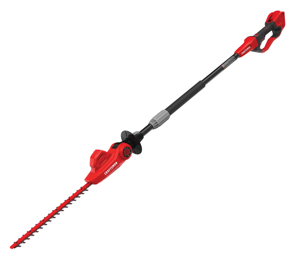 Photo of CRAFTSMAN CMCPHT818B pole hedge trimmer, red and black, side angle on white background.