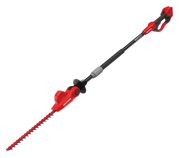 Photo of CRAFTSMAN CMCPHT818B pole hedge trimmer, red and black, side angle on white background.