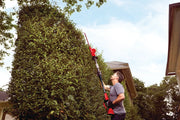 Craftsman CMCPHT818B pole hedge trimmer in use, trimming tall green bushes in a residential yard.