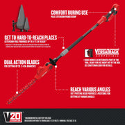 Photo of Craftsman V20 pole hedge trimmer SKU CMCPHT818B with dual action blades and long extension pole.