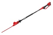 Photo of CRAFTSMAN CMCPHT818D1 cordless pole hedge trimmer, red and black, side angle on white background.
