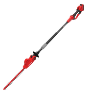 Photo of Craftsman CMCPHT818D1 cordless pole hedge trimmer, red and black, side angle on white background.