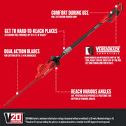 Photo of Craftsman V20 lithium-ion pole hedge trimmer CMCPHT818D1 with extension pole and dual action blades.