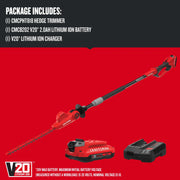 Craftsman CMCPHT818D1 hedge trimmer kit with pole, V20 battery, charger on red background, side angle.