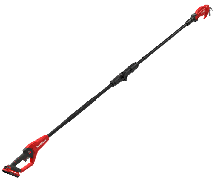 Craftsman CMCPPR320D1 cordless pole pruner, red and black, side angle on white background.