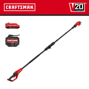 Photo of Craftsman pole pruner kit CMCPPR320D1 with V20 battery and charger, side angle on white background.