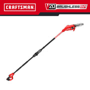 Photo of Craftsman V20 brushless pole saw, model CMCPS630B, showing red and black extendable body on white background.