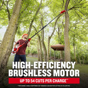 Photo of Craftsman pole saw CMCPS630D1 trimming tree branches outdoors in a yard, person wearing safety gear.